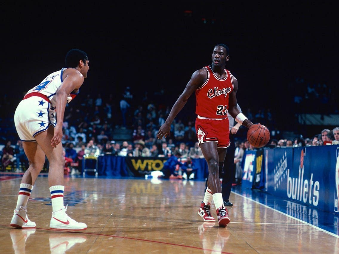 NBA legend Michael Jordan debuting his Air Jordan shoes