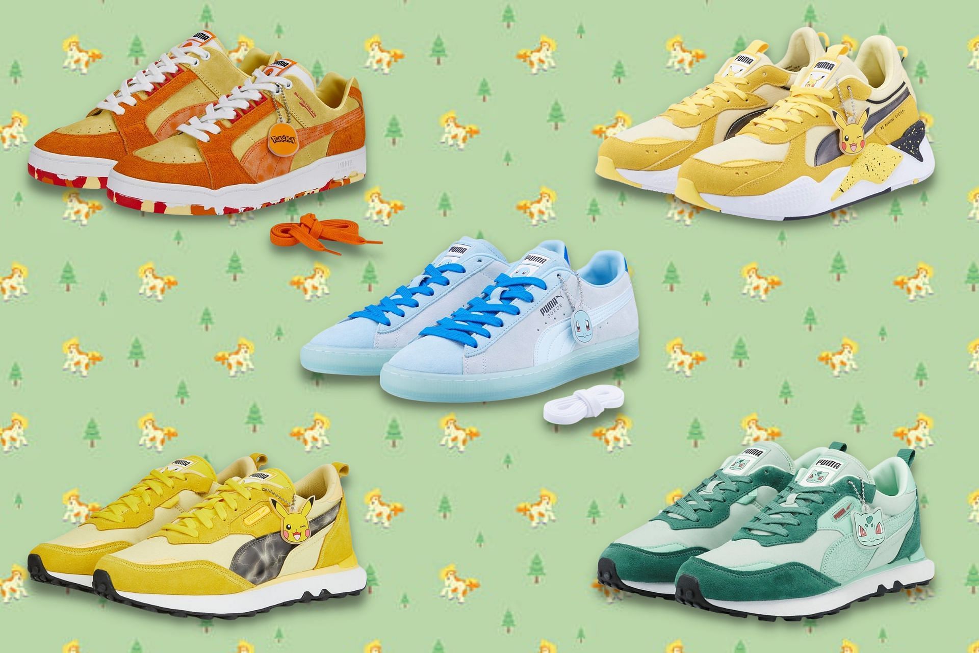 Upcoming Puma x Pok&eacute;mon footwear collection featuring Four iconic - Bulbasaur, Squirtle, Charmander, and Pikachu - characters (Image via Sportskeeda)