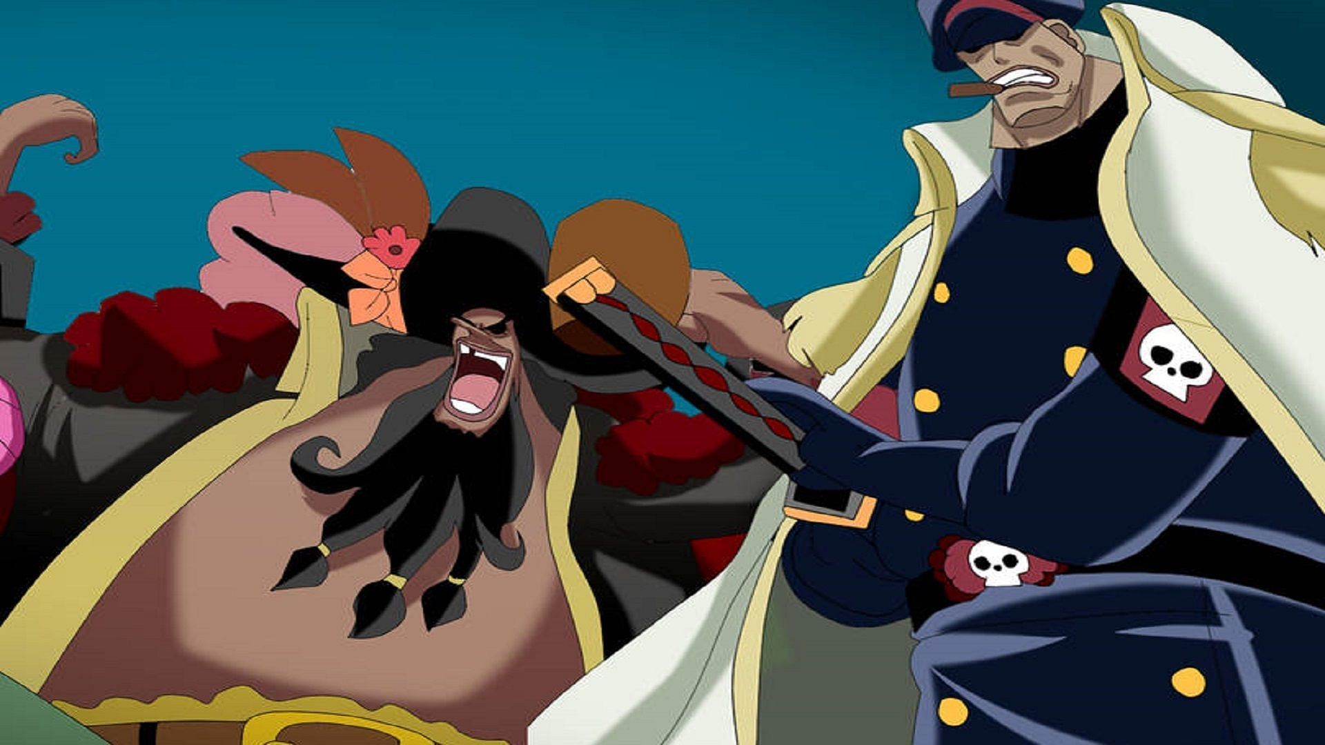 Marshall D. Teach, the captain of Blackbeard Pirates, and Shiryu, his number two (Image via Eiichiro Oda/Shueisha, One Piece)