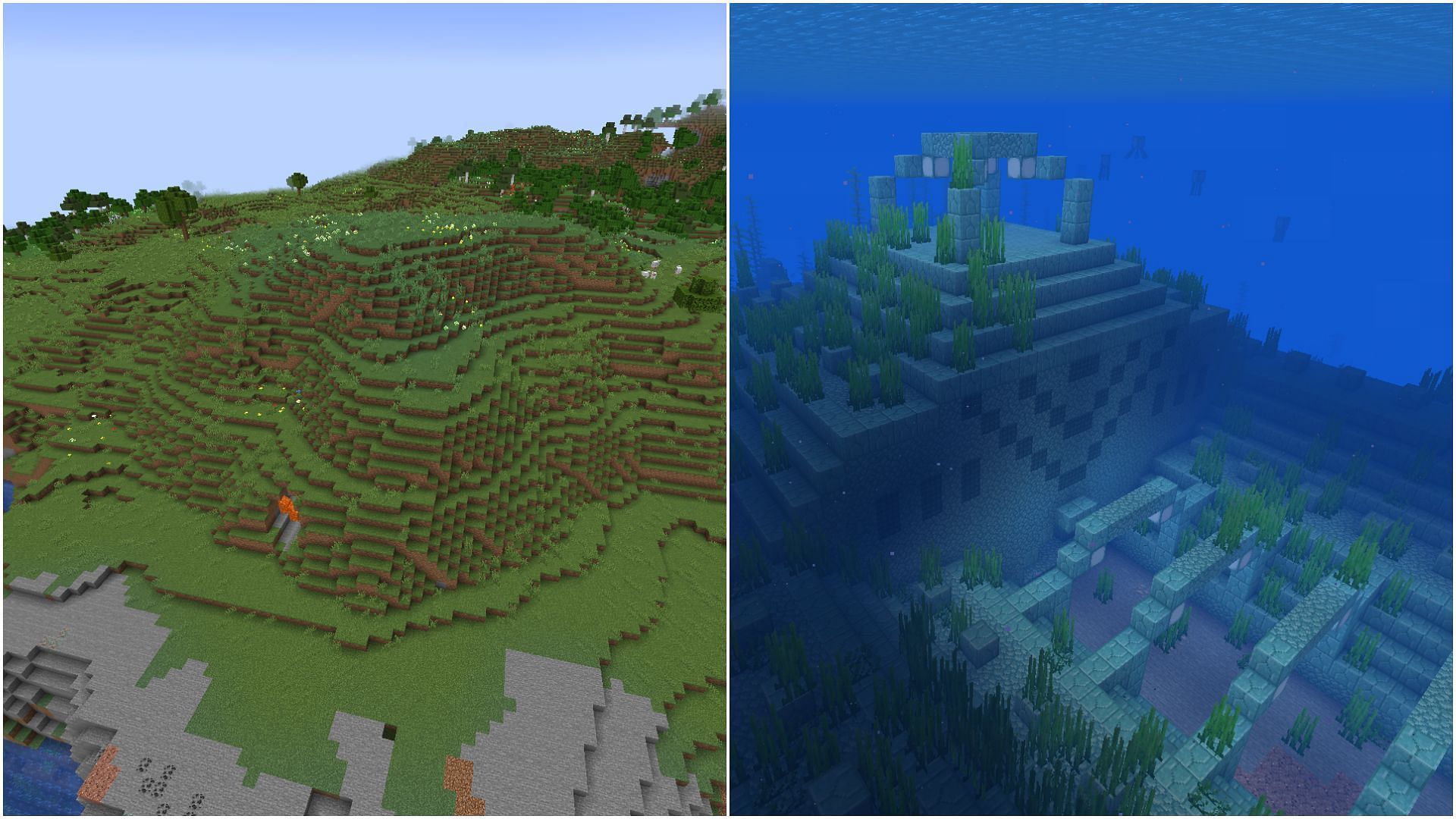 This seed spawn players near a plains biome with the structure a few hundred blocks away (Image via Sportskeeda)