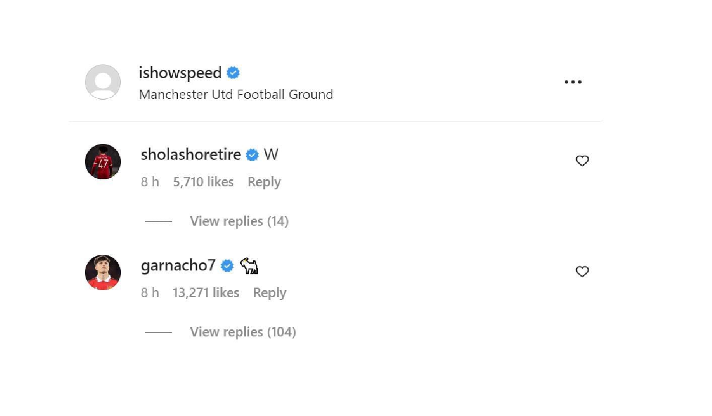 Alejandro Garnacho and Shola Shoretire comment on IShowSpeed&#039;s Instagram post (Image via Instagram)