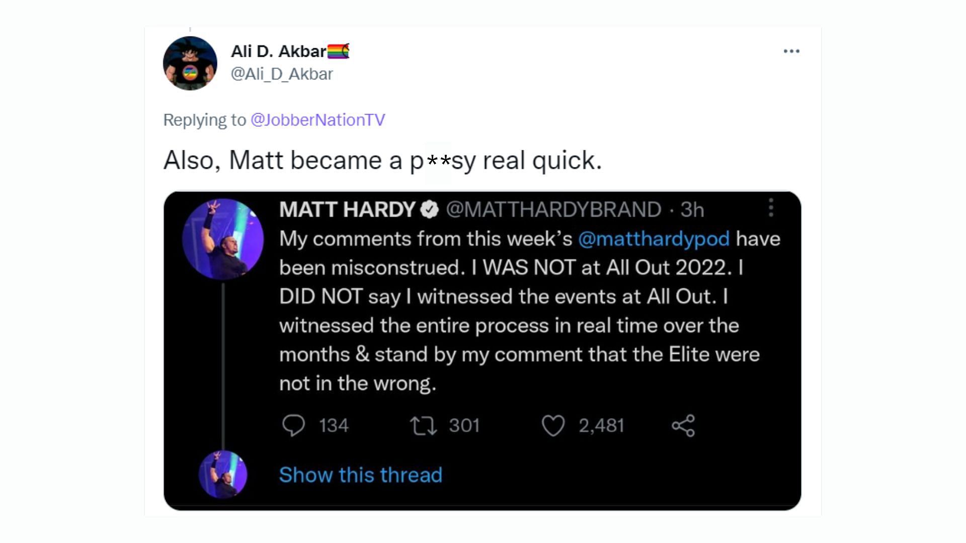 Fans called out Matt Hardy recently.