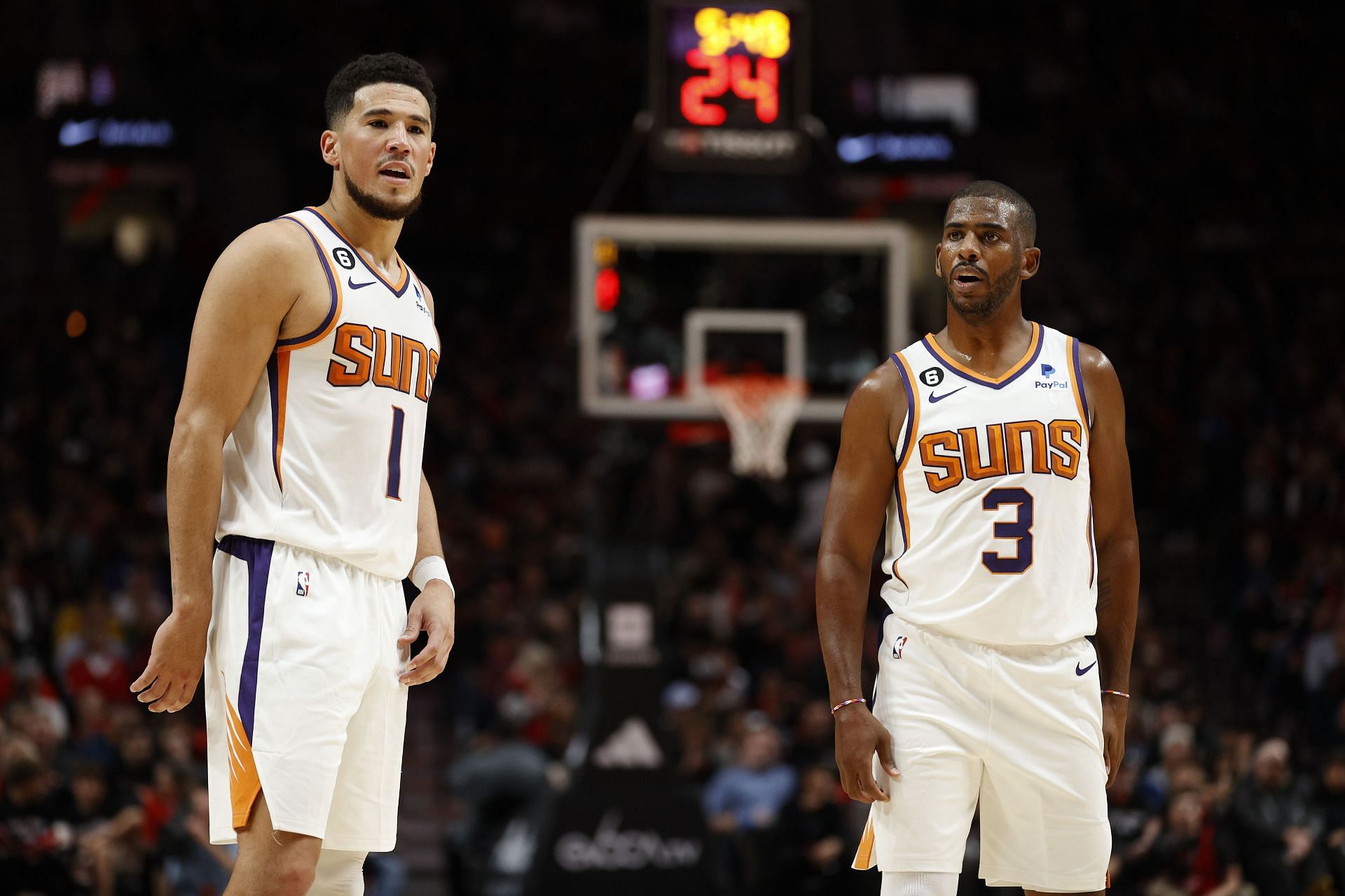 Devin Booker and Chris Paul of the Phoenix Suns.