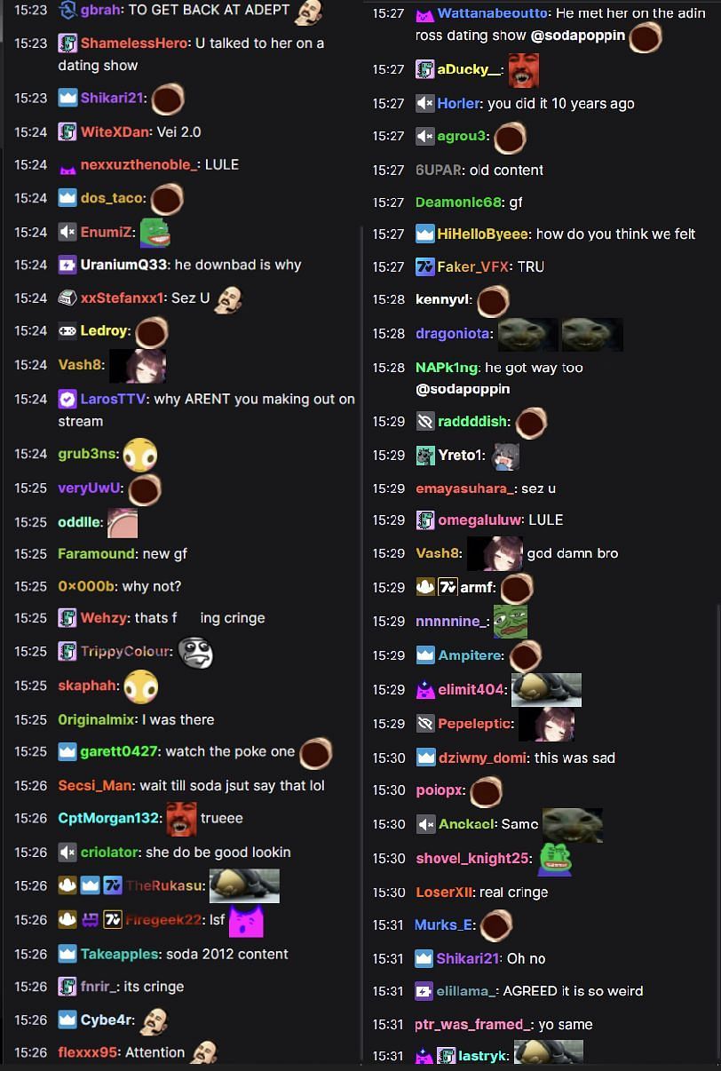 Fans in the Twitch chat reacting to the streamer&#039;s take on the viral clip (Image via Sodapoppin/Twitch)