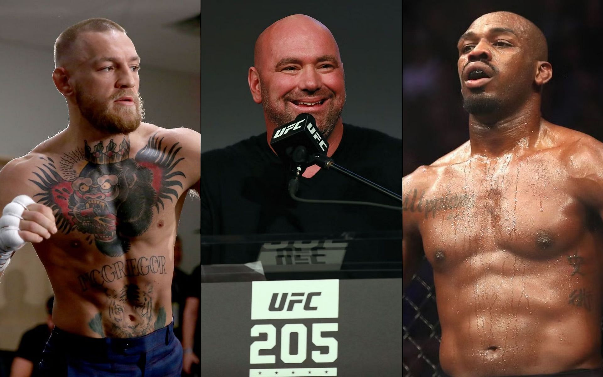 Conor McGregor (left), Dana White (centre), Jon Jones (right)