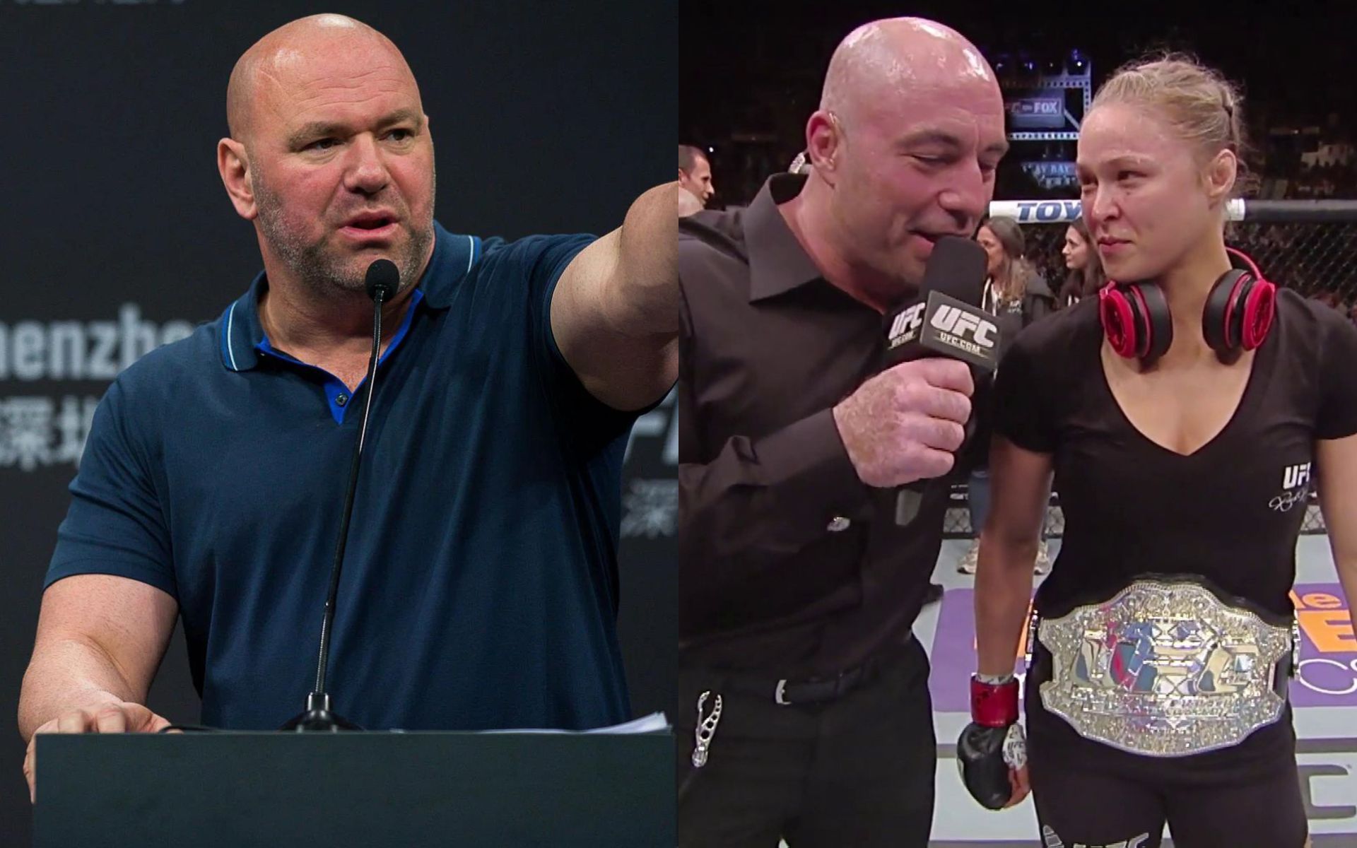 Dana White (left) &amp; Joe Rogan with Ronda Rousey (right)