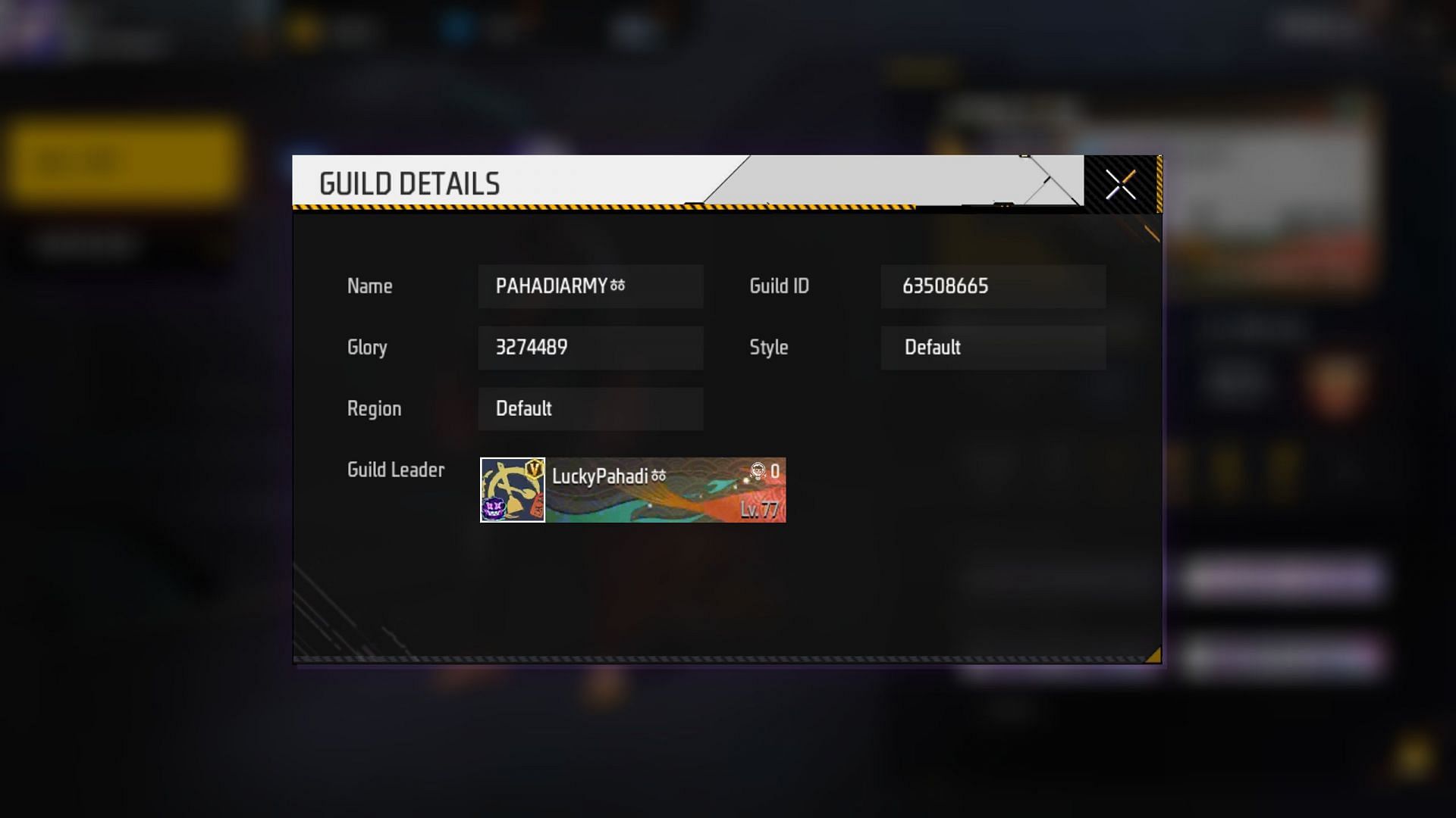 Pahadi Gaming&#039;s guild details (Image via Garena)