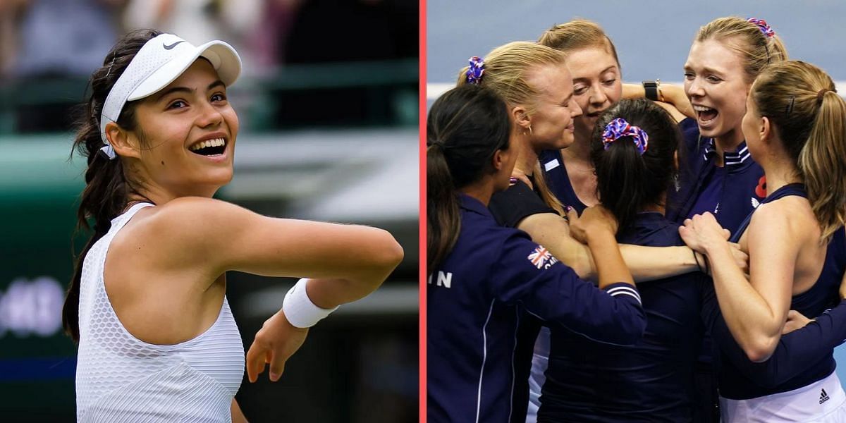 Emma Raducanu (L) and Great Britain team at the Billie Jean King Cup