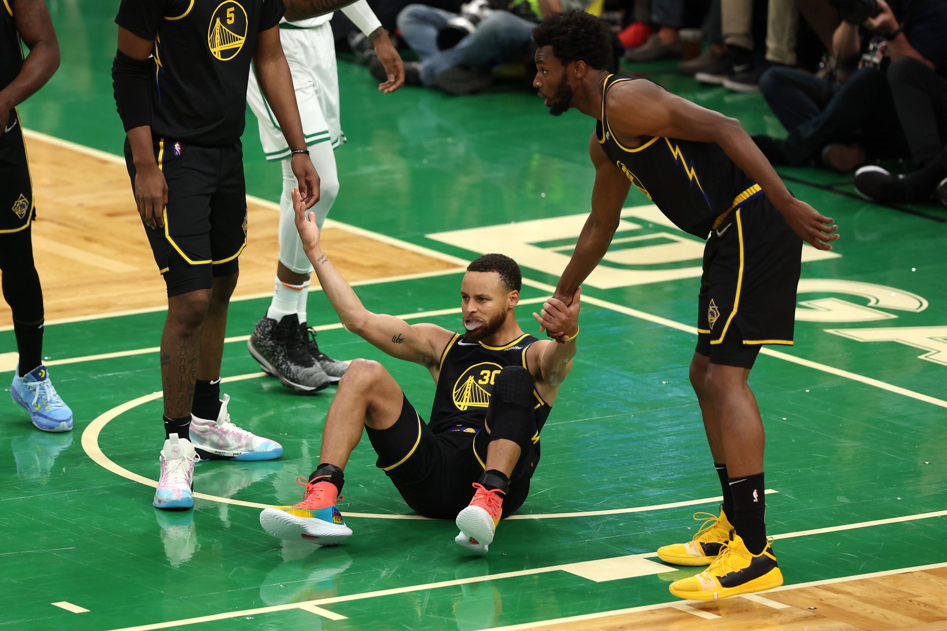 Steph Curry (centre) has been blessed with having the right players around him throughout his time with the Golden State Warriors