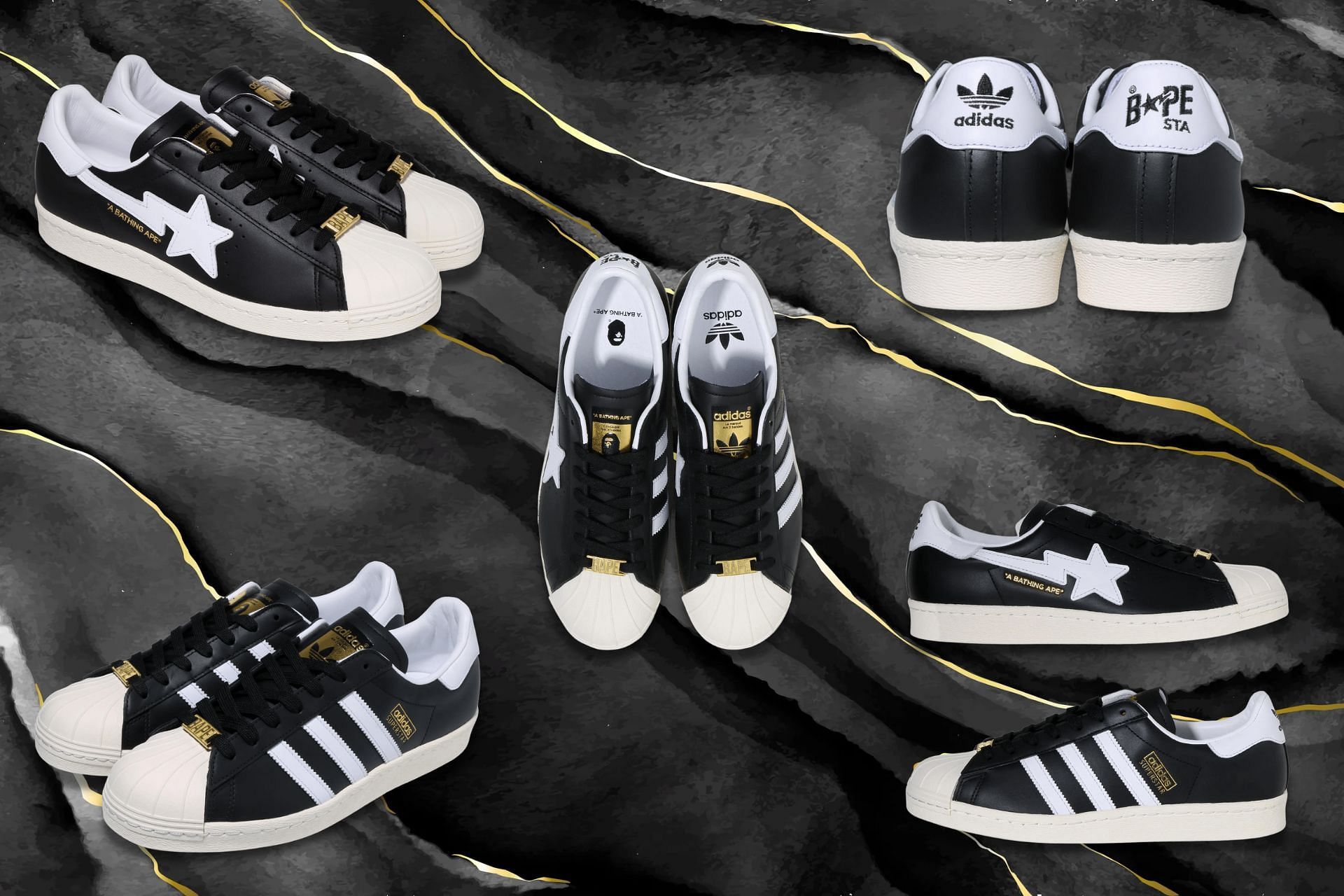 Upcoming A Bathing Ape x Adidas Originals sneakers in a Black and White color palette (Image via Sportskeeda)