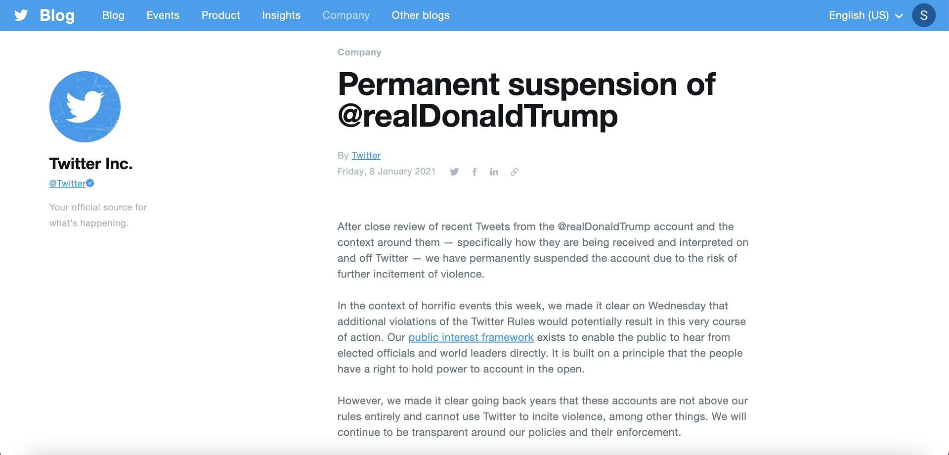 Trump&#039;s account was suspended on January 8, 2021, following which Twitter issued a statement on their website. (Image via Twitter)