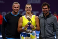 Aryna Sabalenka celebrates with her team, including Dmitry Tursunov, at the 2022 Qatar Open.