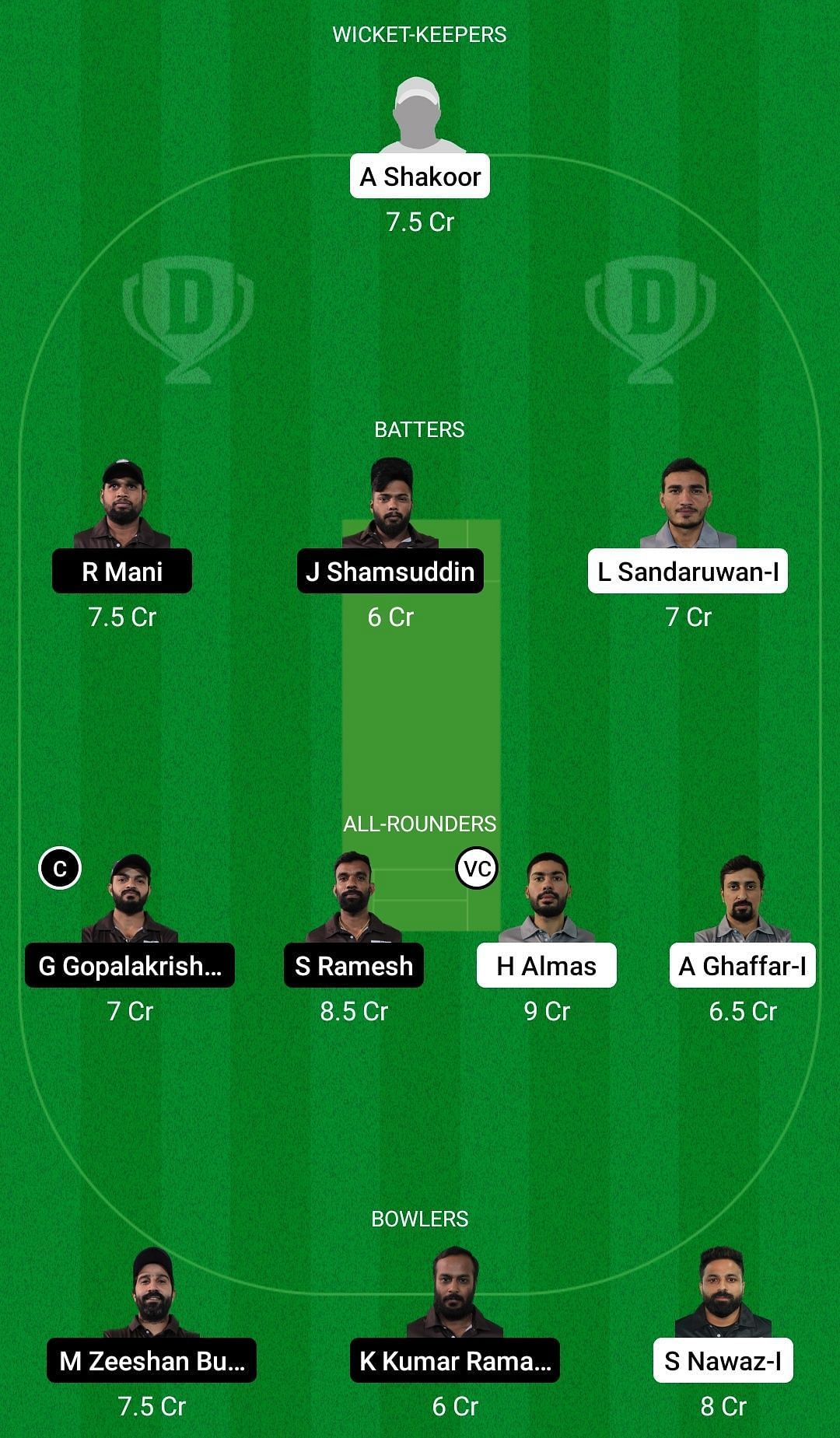 Dream11 Team for Dubai D10 Division 1 - Interglobe Marine vs Defenders CC.