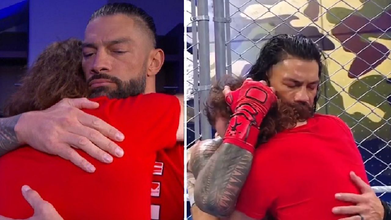 Roman Reigns and Sami Zayn, before and after their big win at Survivor Series WarGames