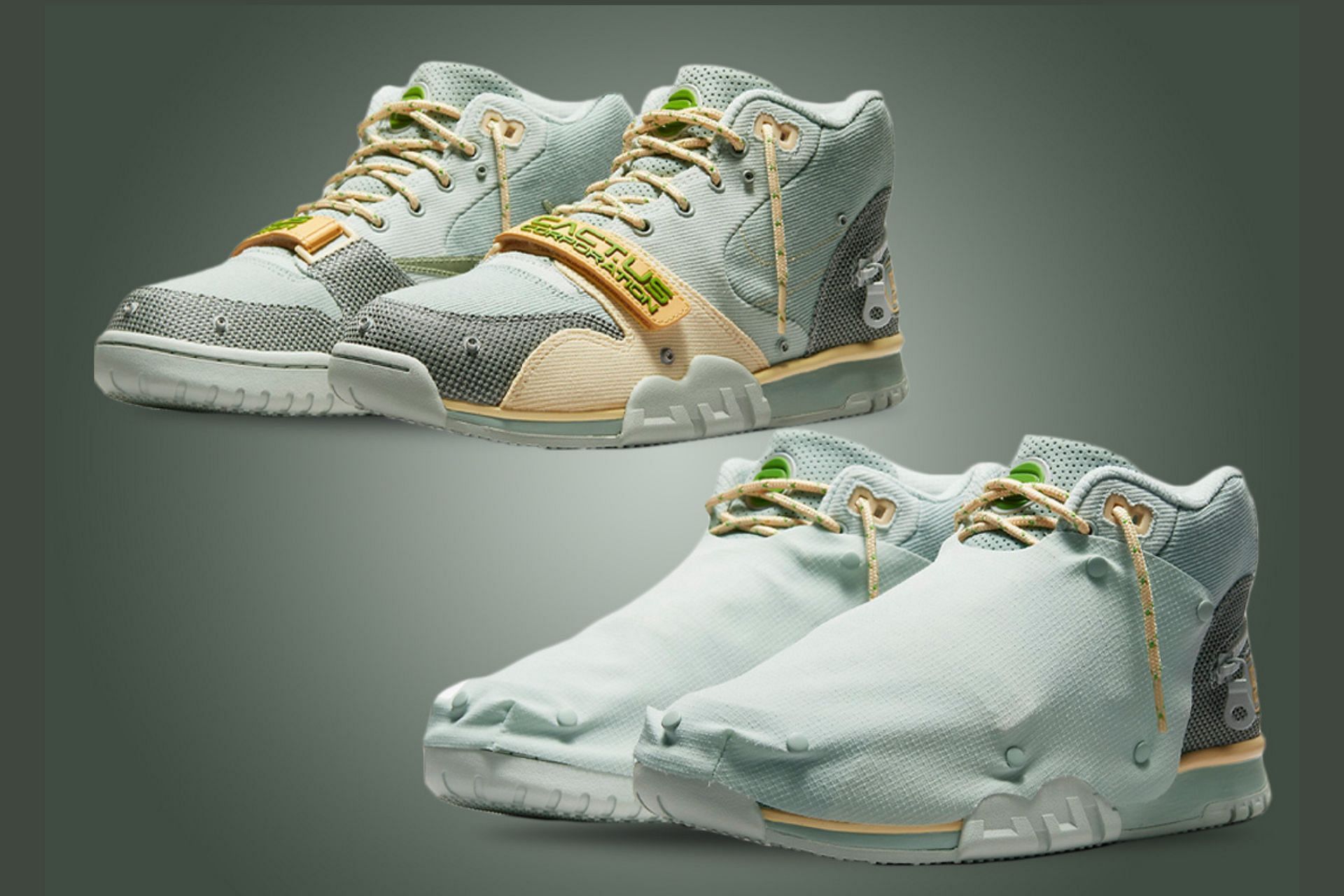 Take a closer look at the Travis Scott x Nike Air Trainer Grey Haze shoes (Image via Nike)