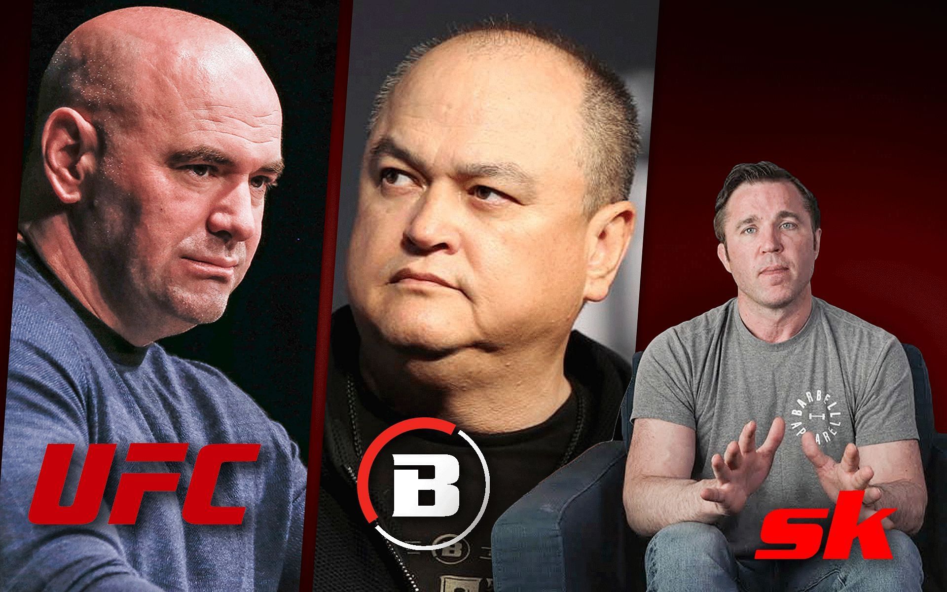 (L) Dana White (M) Scott Coker (R) Chael Sonnen - (Photo credit - Chael Sonnen YouTube, forbes.com, Getty Images, and @ufc, @bellatormma, @sportskeeda -Instagram)