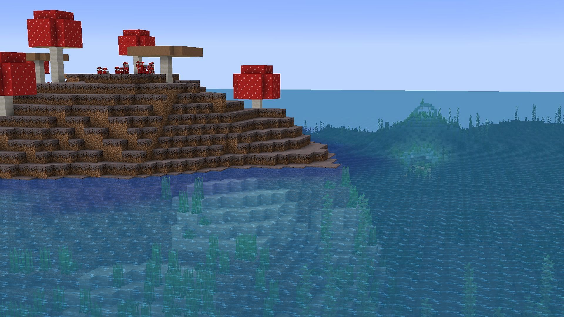 Small mushroom island beside an Ocean Monument in Minecraft 1.19 (Image via Mojang)