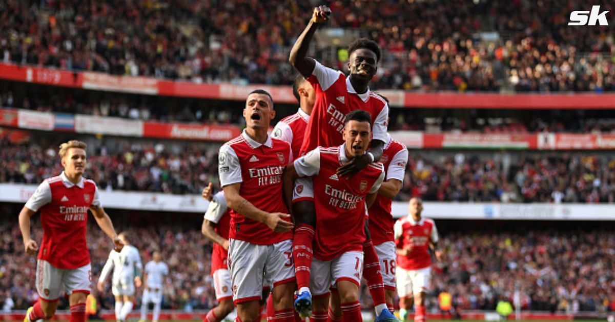 Arsenal players celebrate during a 2022-23 Premier League contest.
