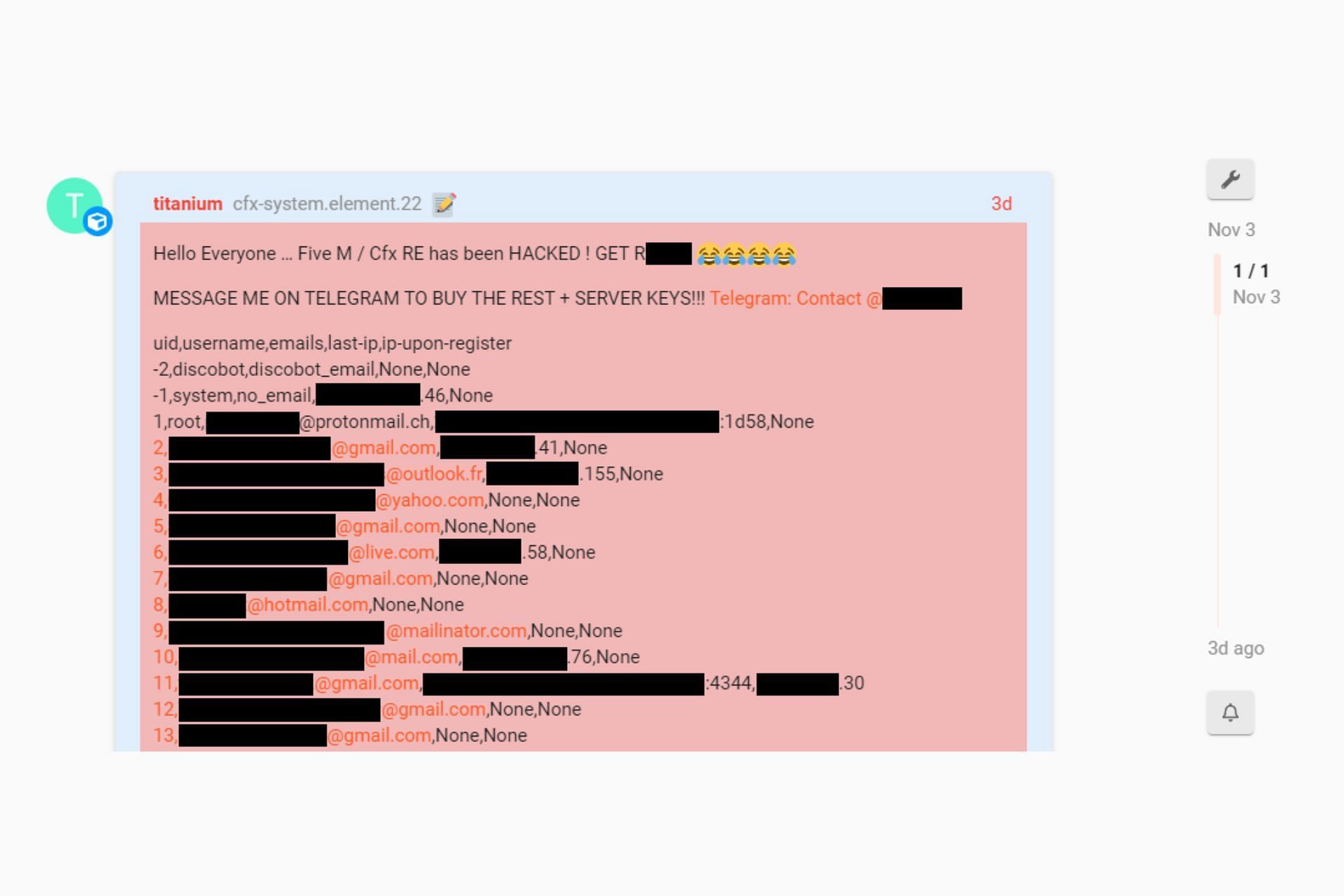 Screenshot of the post in which the hacker revealed user information (Image via FiveM)