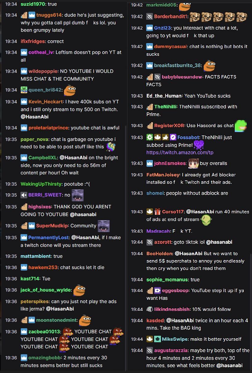 Fans in the Twitch chat reacting to the streamer&#039;s take on YouTube Gaming (Image via HasanAbi/Twitch)