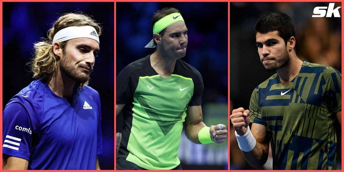 From L - Stefanos Tsitsipas, Rafael Nadal, and Carlos Alcaraz.