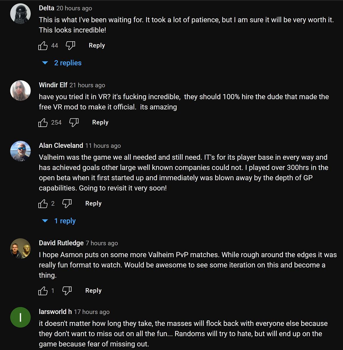 Fans in the YouTube comments section reacting to Valheim Mistlands trailer (Image via Asmongold Clips/YouTube)