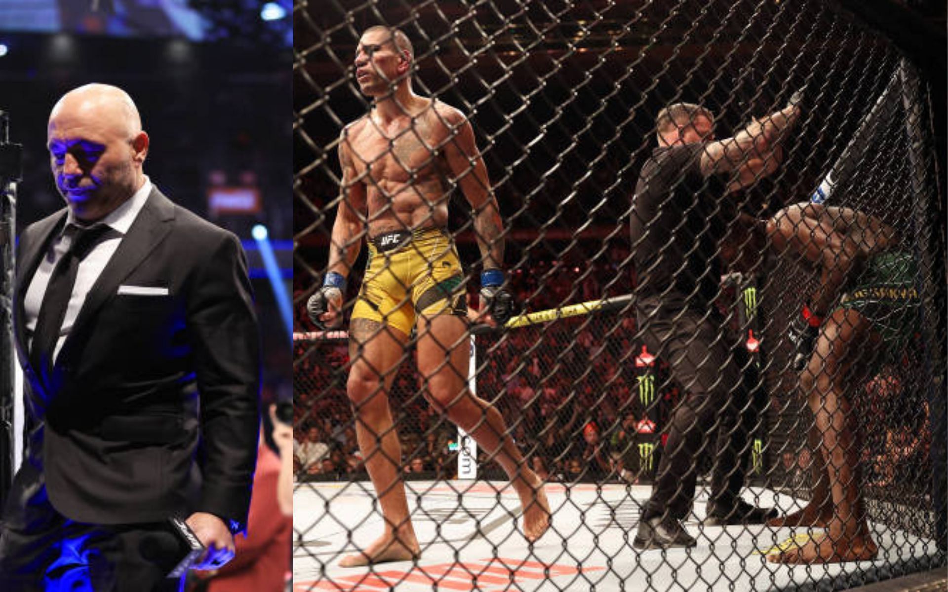 Joe Rogan (left); Alex Pereira defeats Israel Adesanya (right)