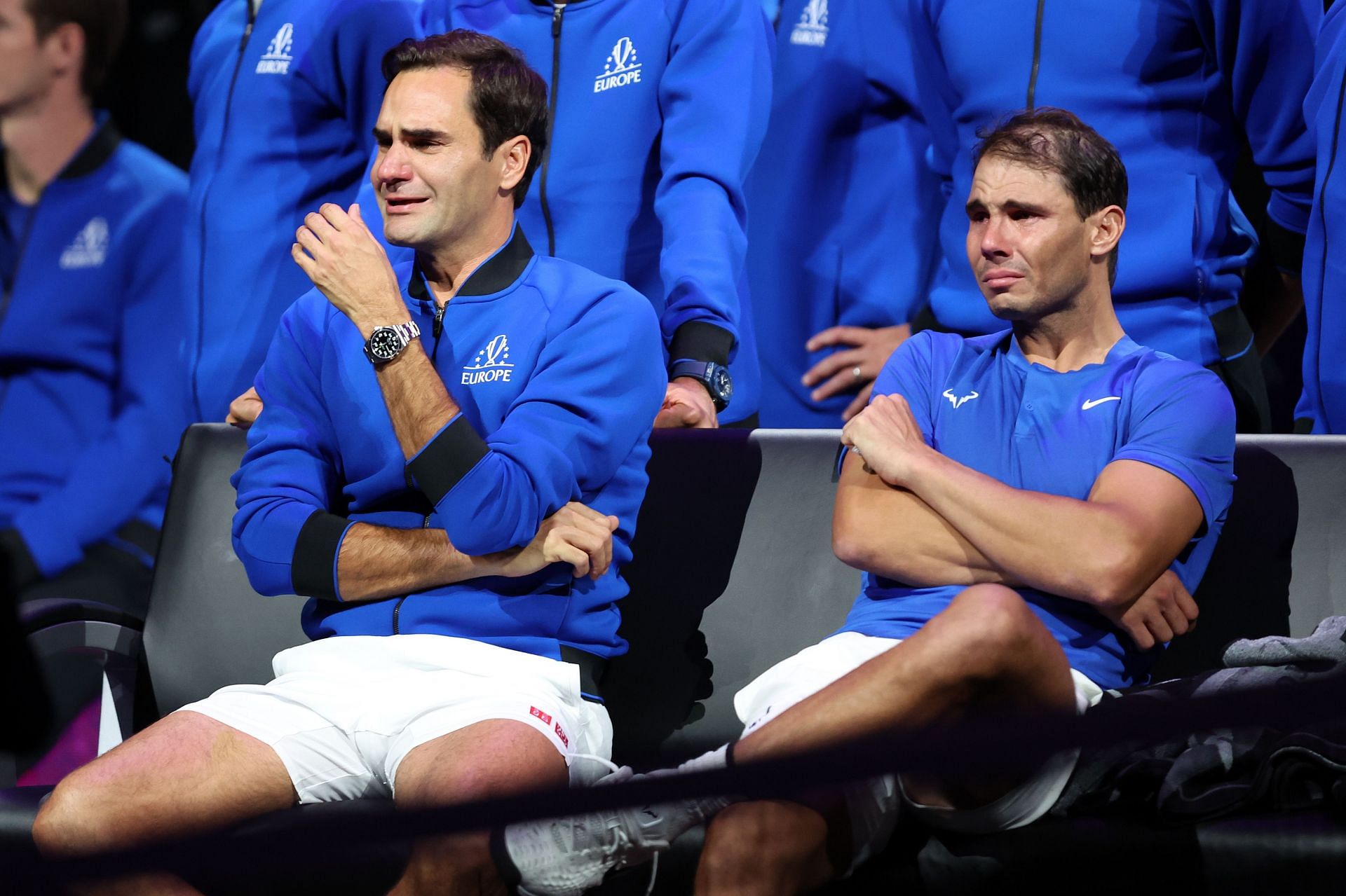 Roger Federer (left) and Rafael Nadal (right) during the Swiss maestro&#039;s retirement ceremony in the Laver Cup last September.