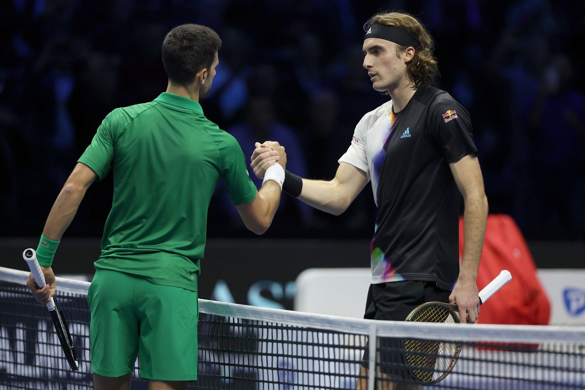 Novak Djokovic [left] is congratulated by Stefanos Tsitsipas after 2022 Nitto ATP Finals clash.