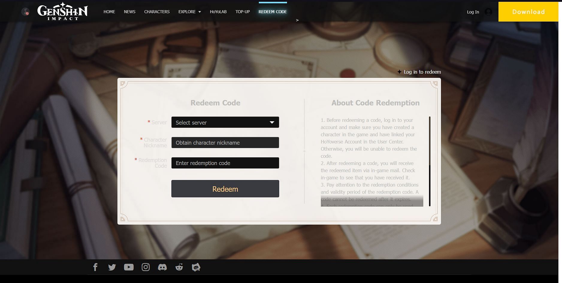 Official code redemption page on Genshin Impact official website (Image via HoYoverse)