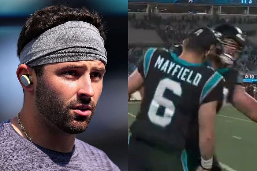 Baker Mayfield celebrates Panthers' 'Thursday Night Football' win by  headbutting teammates  without a helmet