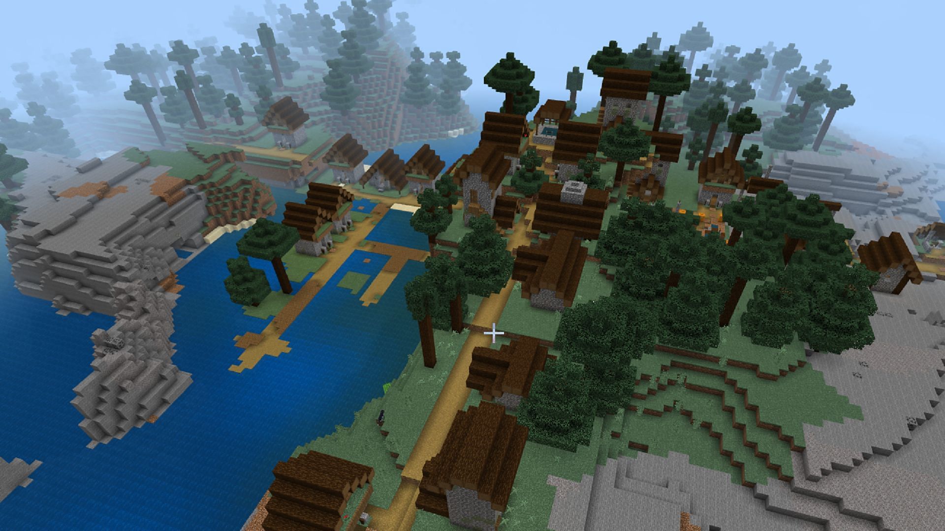 This seed&#039;s closest village is overflowing with blacksmith shops (Image via Mojang)