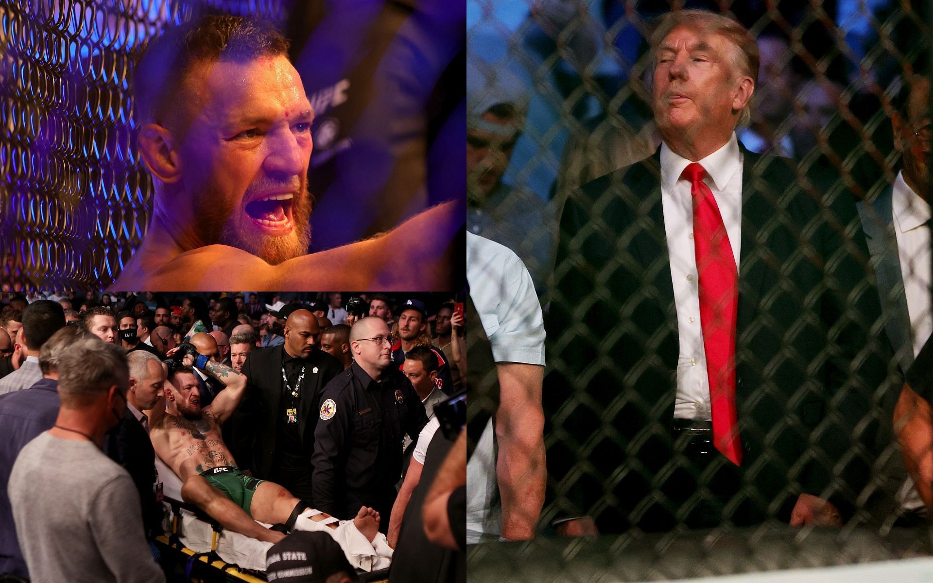 Conor McGregor at UFC 264 (Top and Bottom Left); Donald Trump at UFC 264 (Right)