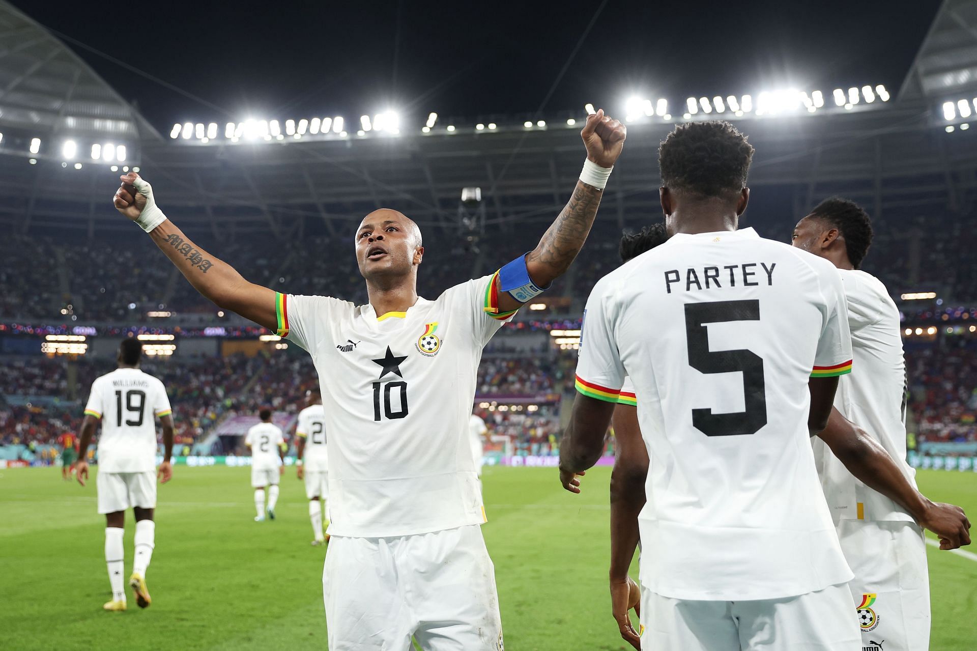 Andre Ayew celebrates after scoring against Portugal.