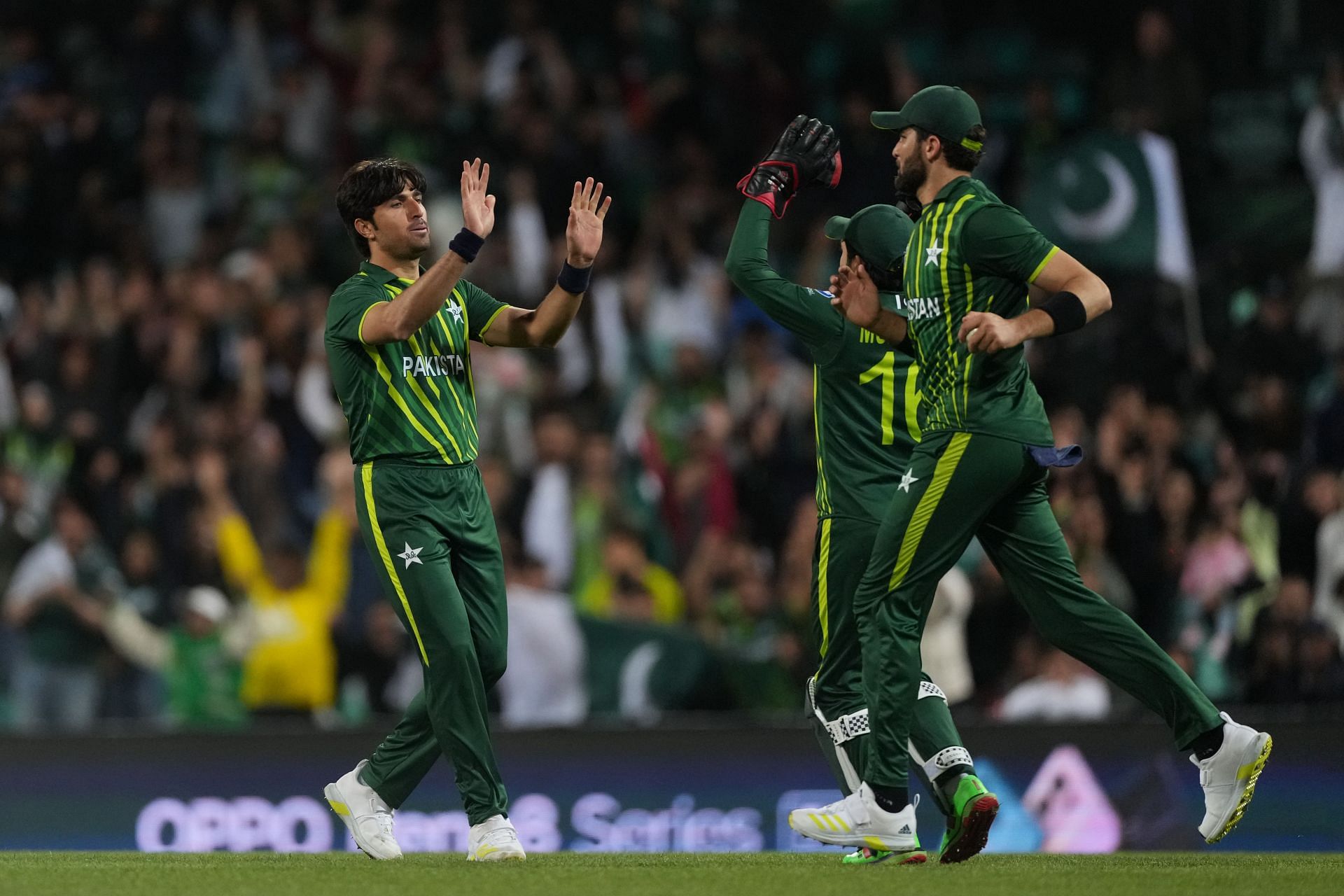 Mohammad Wasim Jr. reacts after taking a wicket. Pic: Getty Images