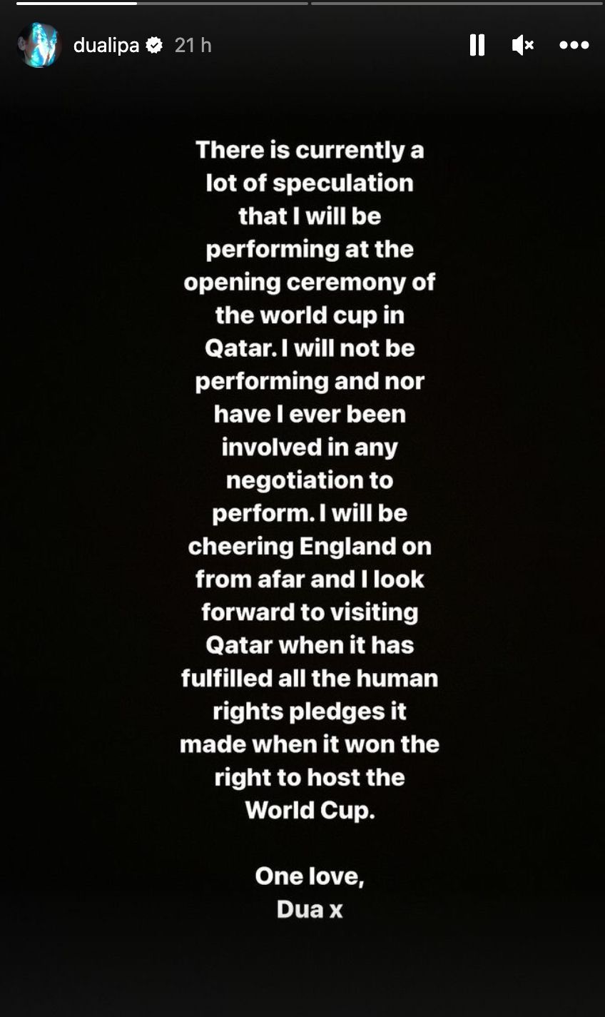 Dua Lipa has denied performing at the Fifa World Cup 2022. (Image via Instagram / @dualipa)