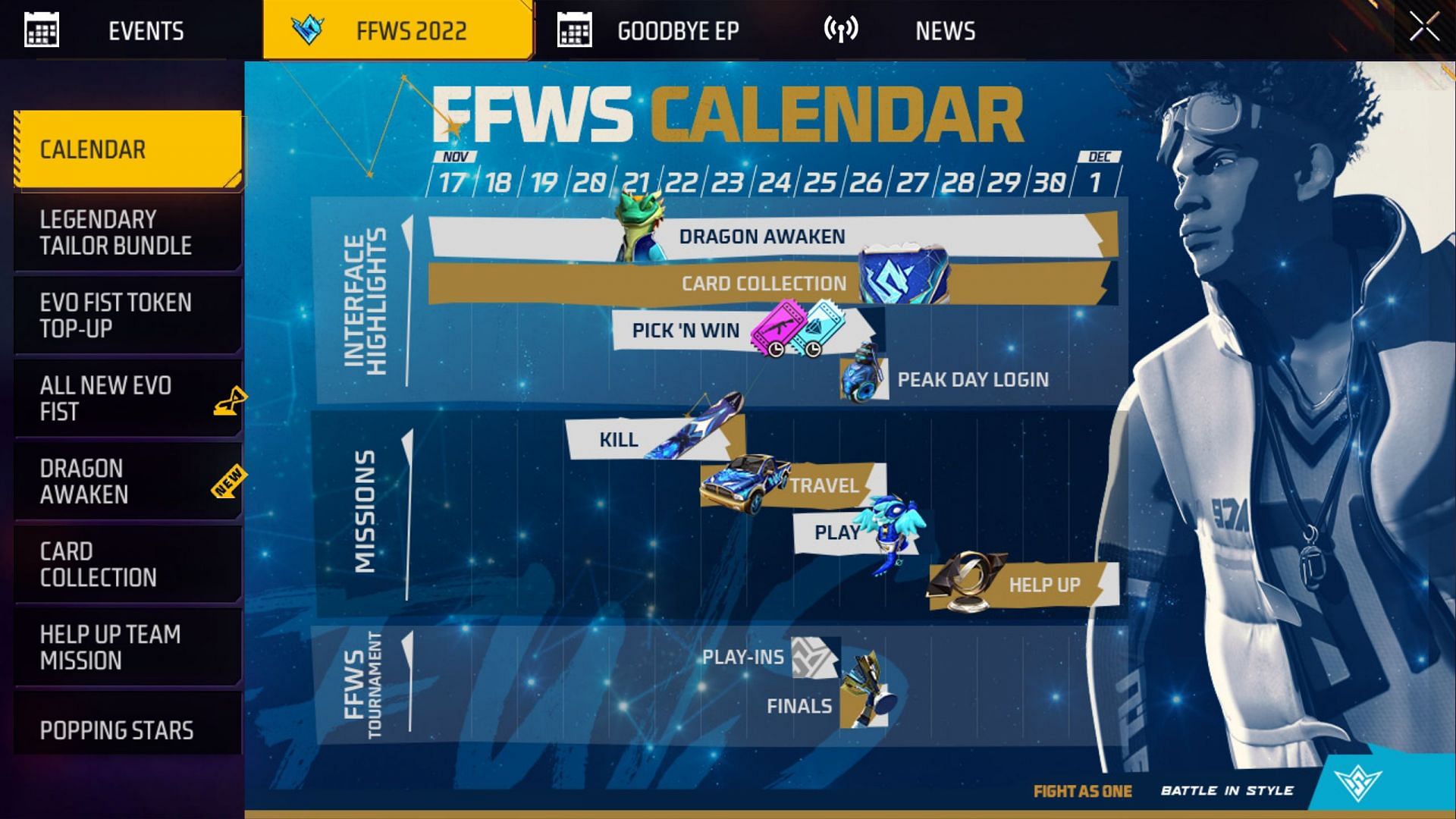 This is the FFWS 2022 event calendar featuring the available events (Image via Garena)