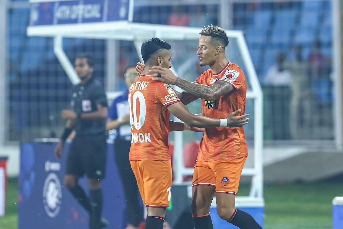 Brandon Fernandes and Noah Sadoui celebrate a goal during FC Goa