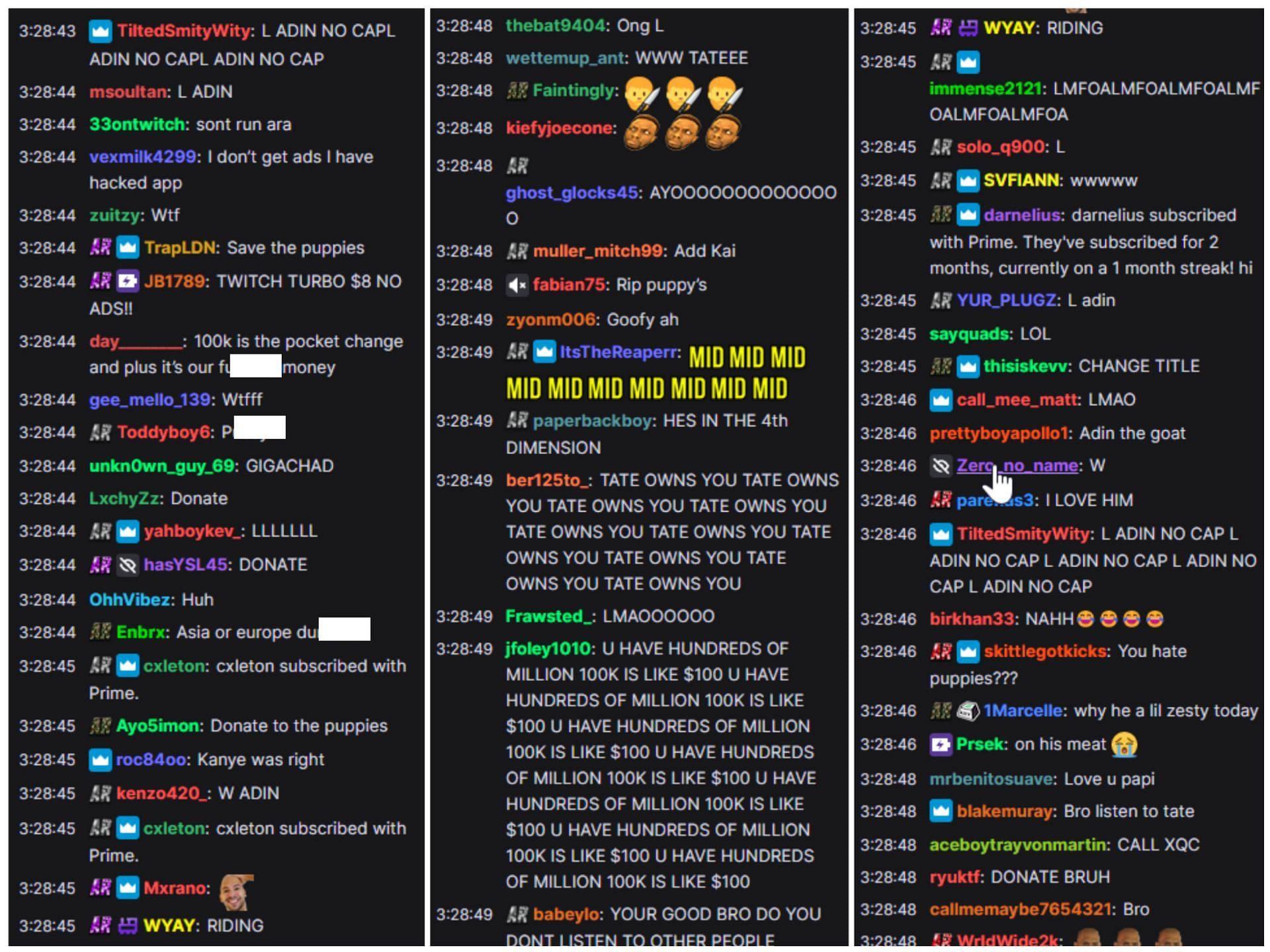 Some of the responses to Tate and Ross&#039;s conversation (Image via Adin Ross/Twitch)