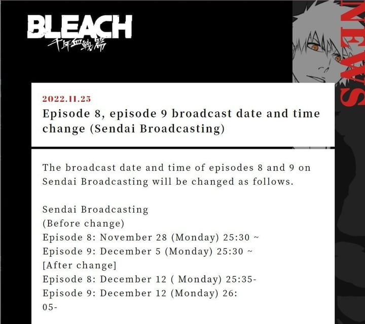 Bleach TYBW episodes 8 and 9 broadcast delayed by 2 weeks
