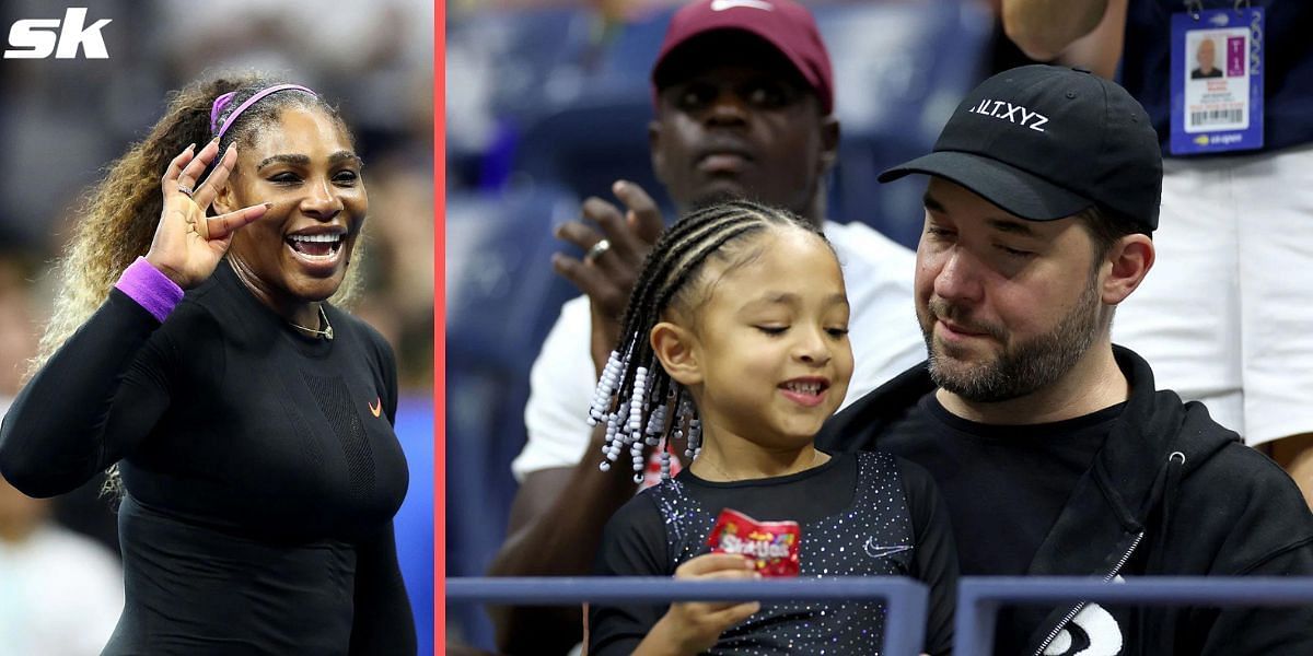 Serena Williams (L); Her husband Alexis Ohanian and daughter Olympia at the US Open (R).