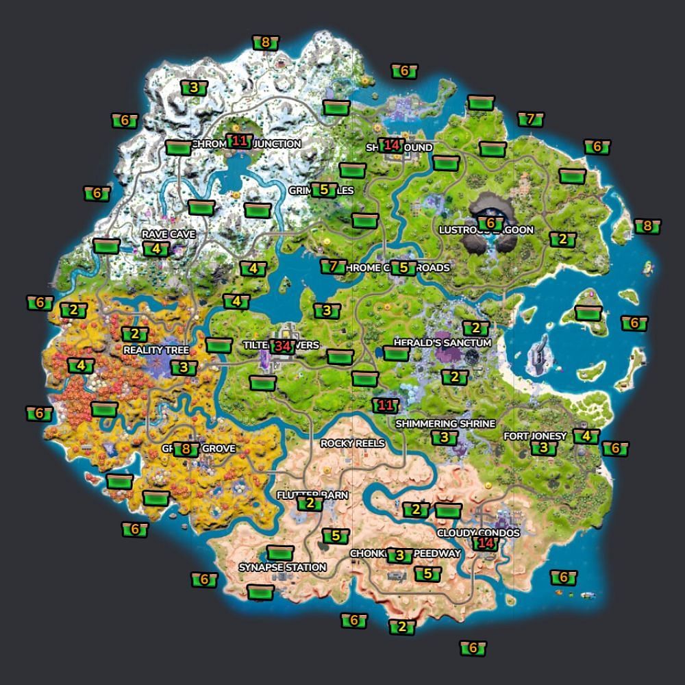 All Produce Box locations in Chapter 3 Season 4 (Image via Fortnite.GG)