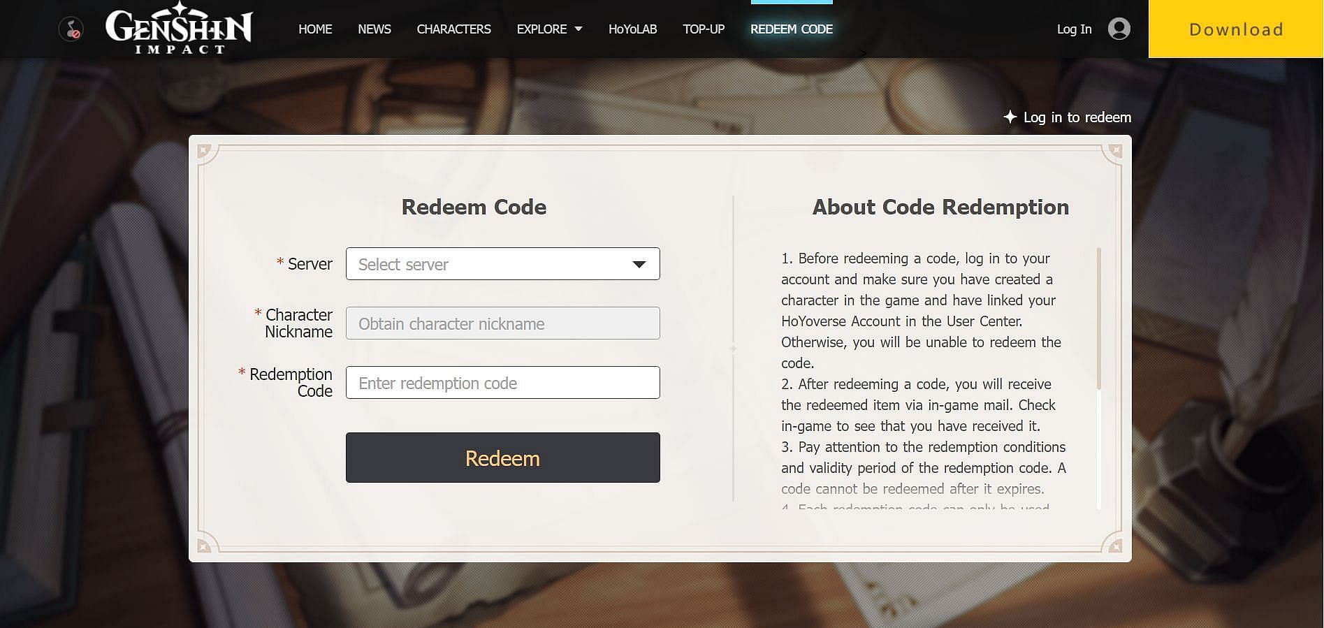 Dedicated site made by officials to redeem codes (Image via HoYoverse)