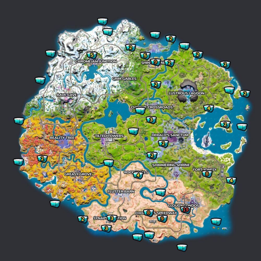 All Cooler locations in Chapter 3 Season 4 (Image via Fortnite.GG)