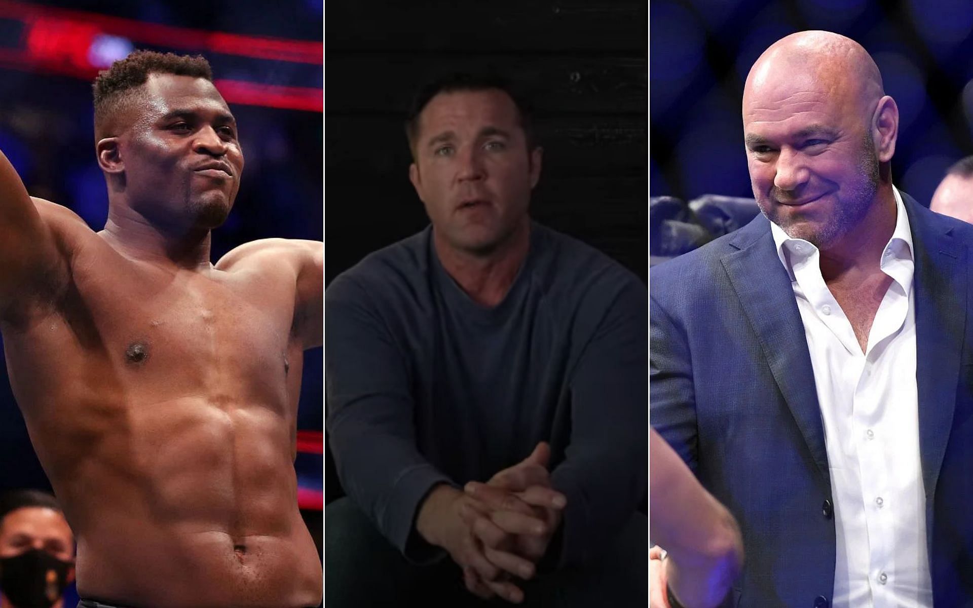 (L) Francis Ngannou, Chael Sonnen (M) {Photo credit: Chael Sonnen - YouTube}, and Dana White (R)