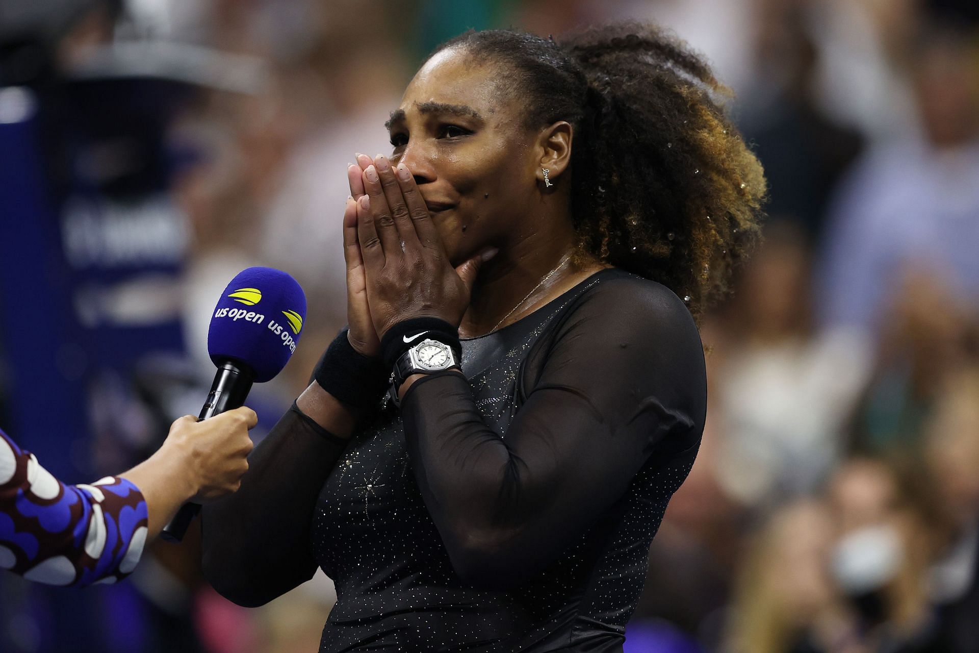 Serena Williams turns emotional during her post-match interview following her 2022 US Open third-round exit.