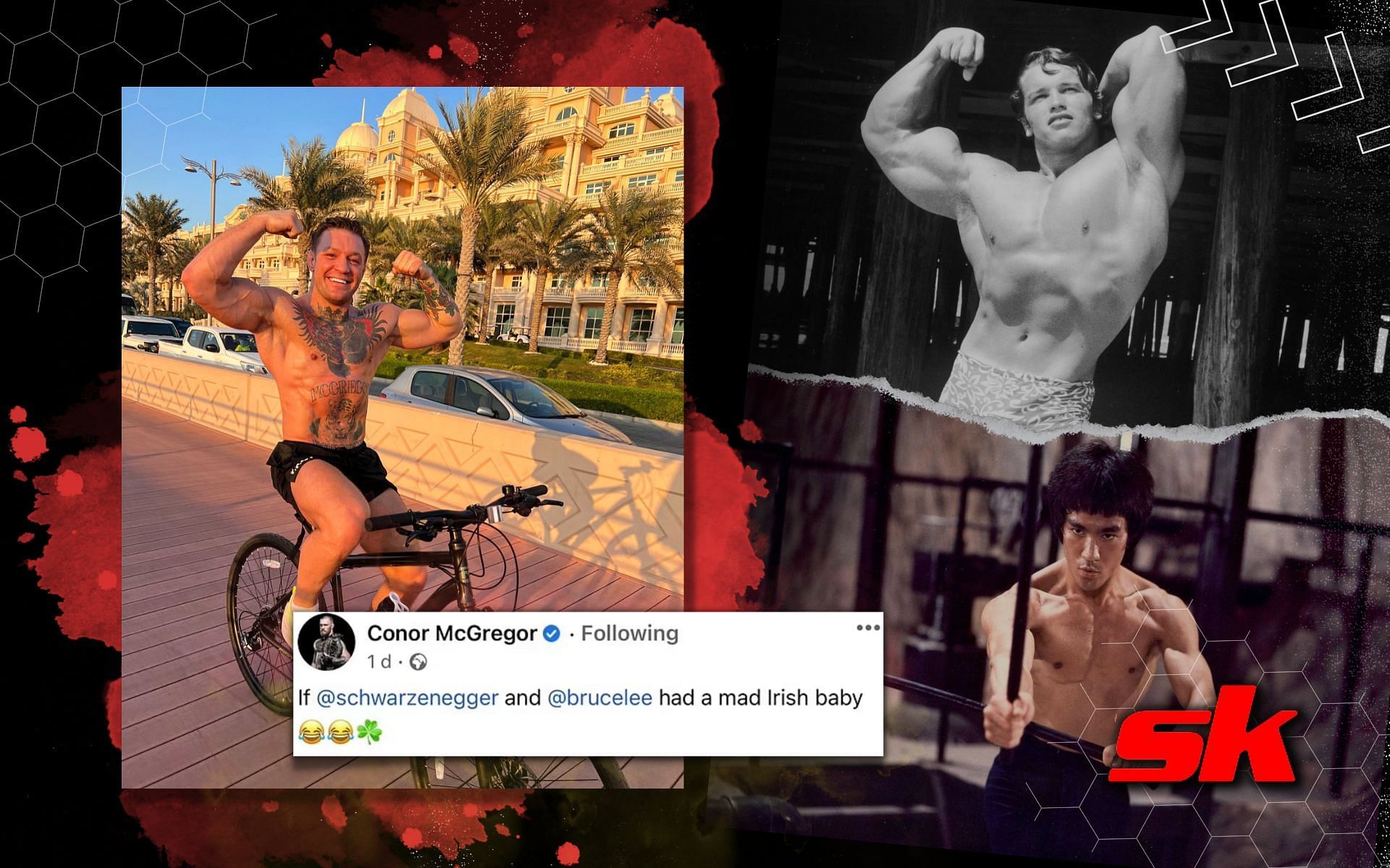Conor McGregor shows off his body while calling himself a baby of Arnold Schwarzenegger and Bruce Lee. [Image credits: @TheNotoriousMMA on Twitter; @brucelee on Instagram; Getty Images]