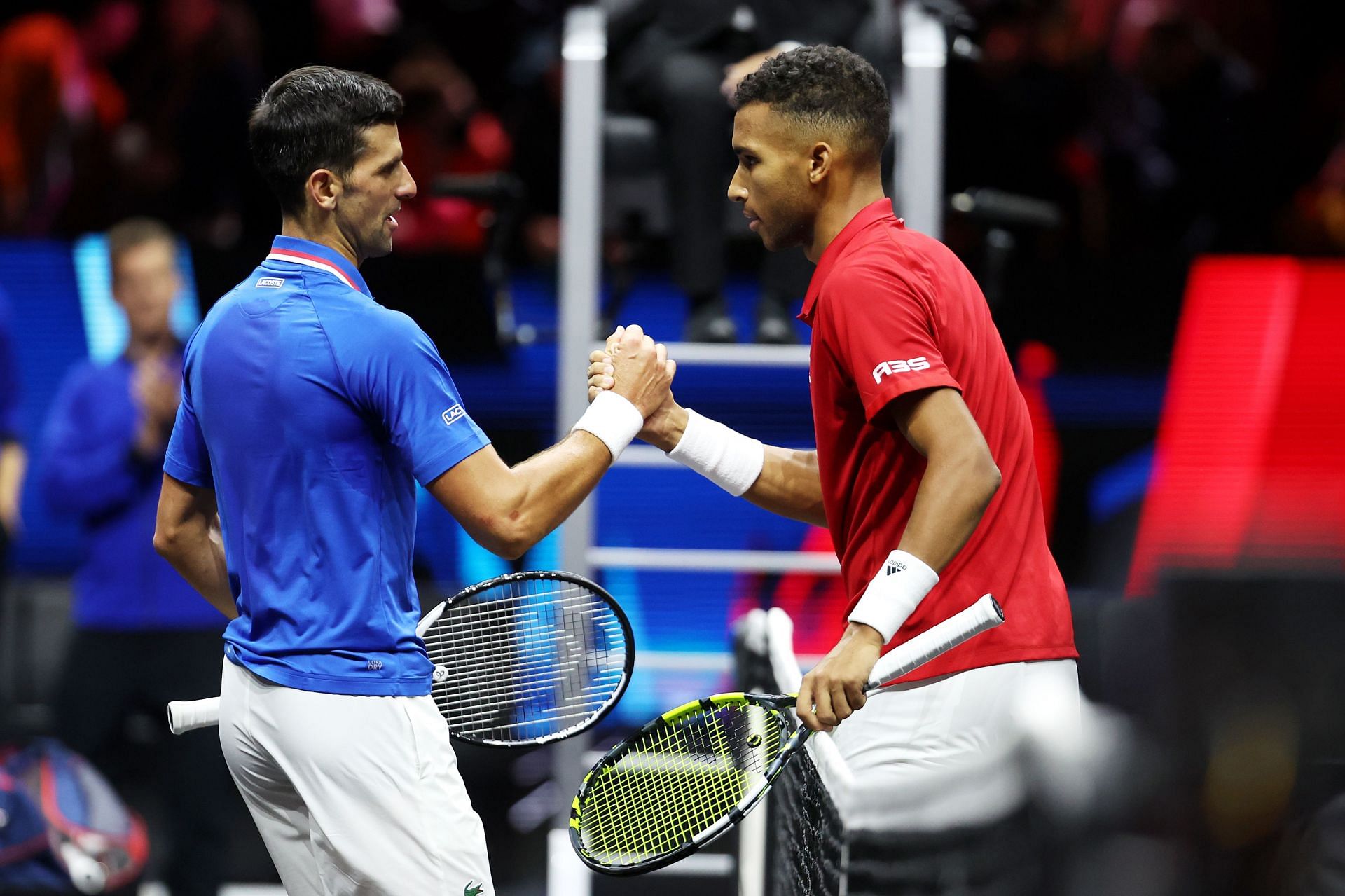 Novak Djokovic (left) and Felix Auger-Aliassime clashed at the Laver Cup this year.