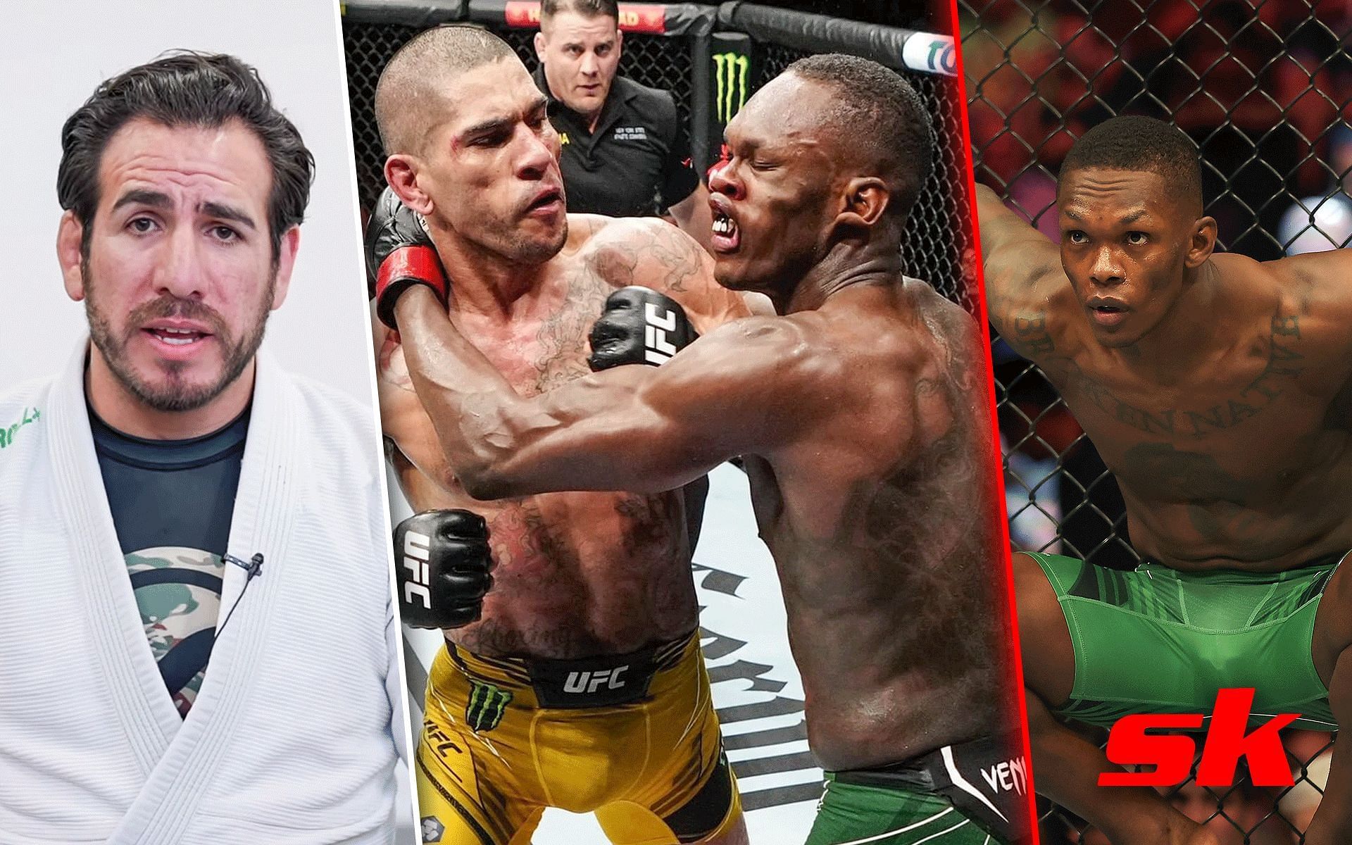 Kenny Florian (Left), Israel Adesanya vs. Alex Pereira (Middle), Israel Adesanya (Right) [Image courtesy: @Kenny Florian on YouTube, @ufc on Instagram, Getty]