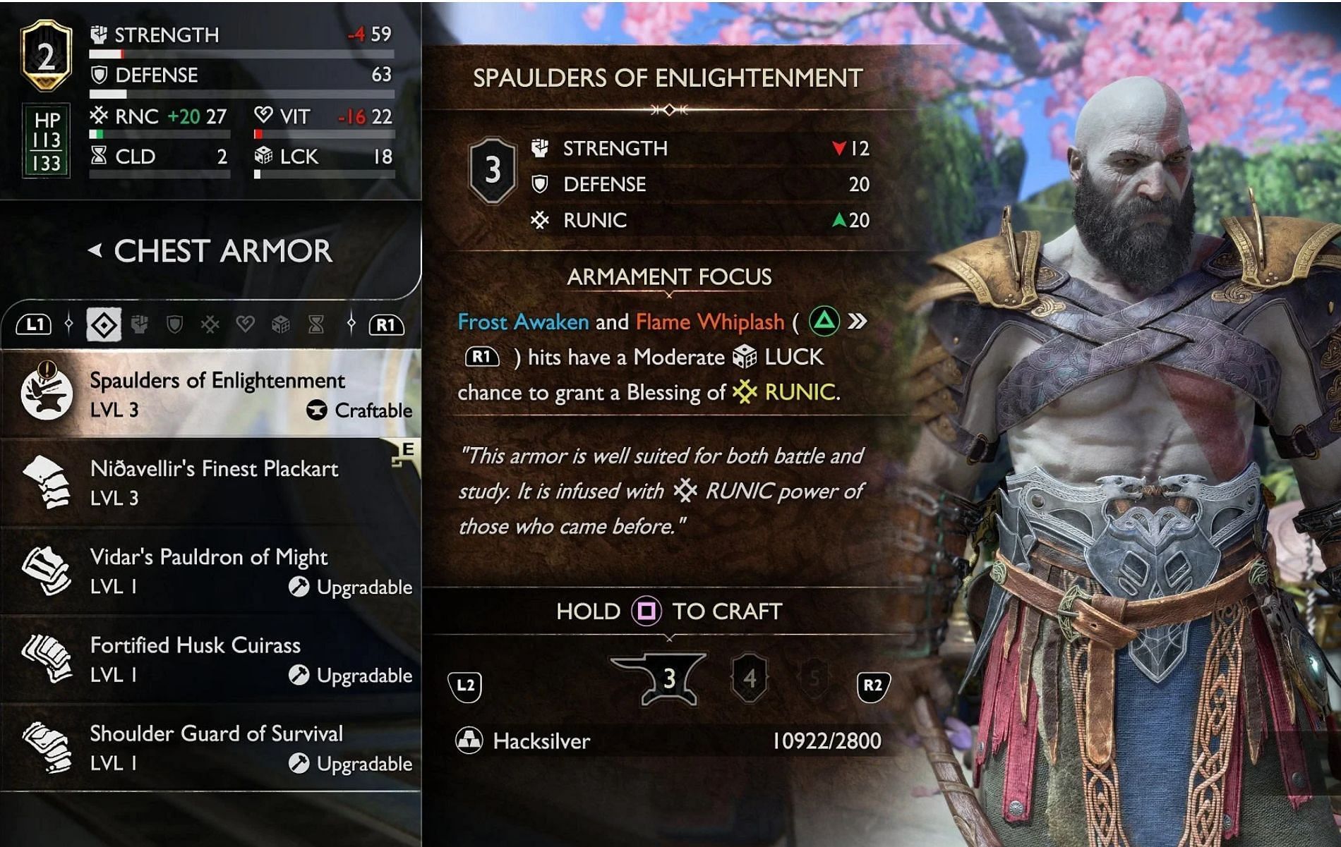 Each individual component of the Enlightenment Armor Set can be upgraded separately by spending Hacksilvers (Image via Santa Monica Studio)